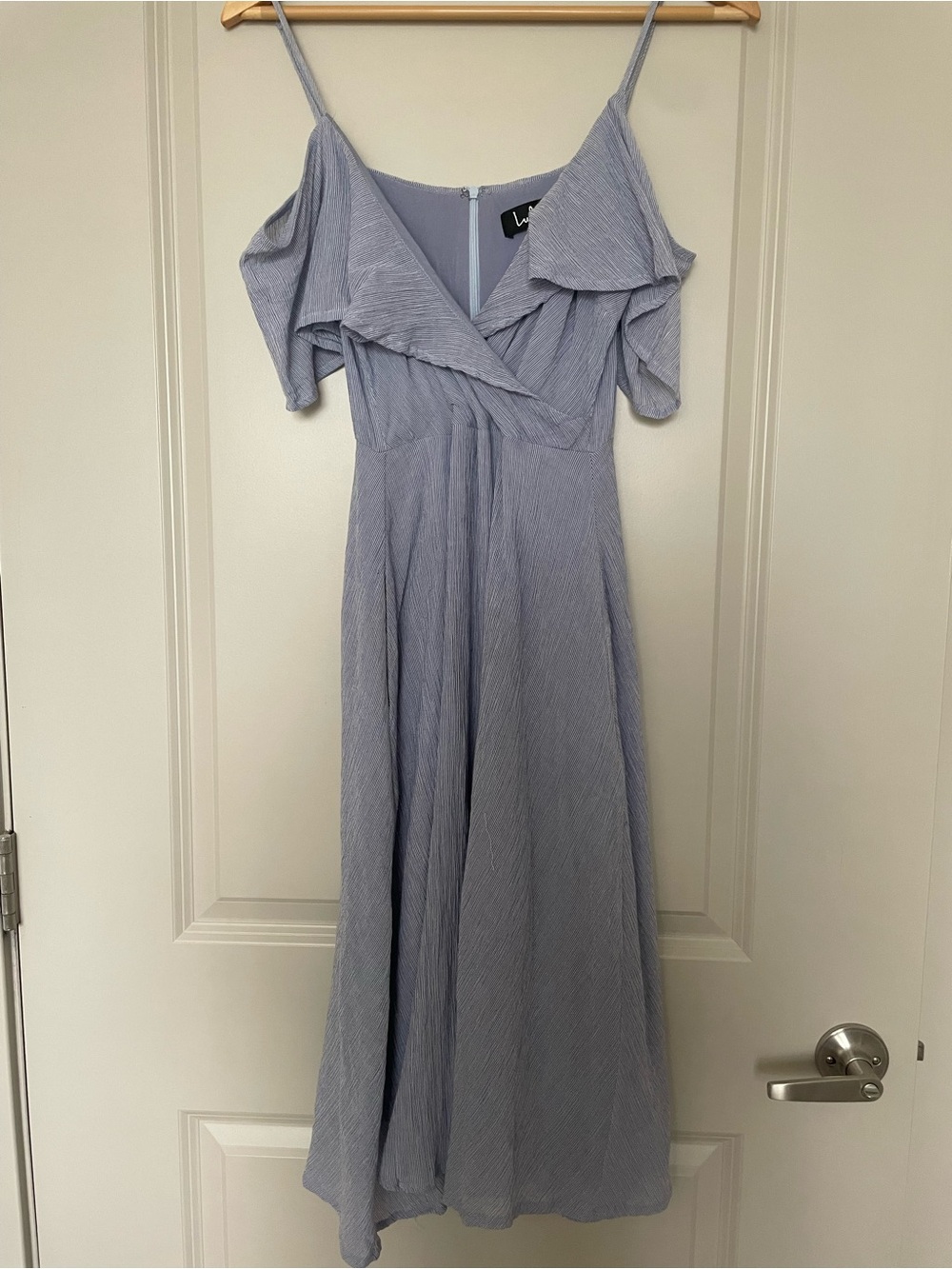 Lulus Yacht Rock Blue and White Striped Off-the-Shoulder Midi Dress - Picture 6 of 8